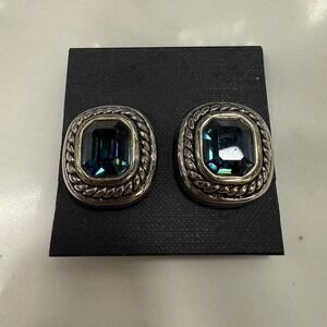 Vintage Silver Tone Clip On Earrings with Emerald Cut Blue Stone